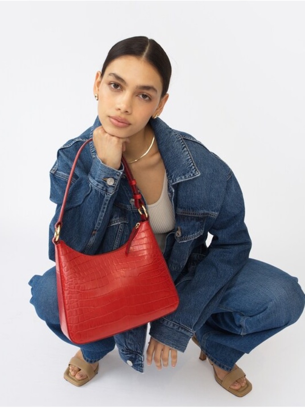 Madewell Hyer Goods Luxe Medium Shoulder Bag True Red Crocodile Embossed $280